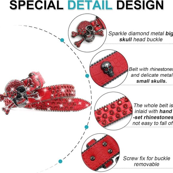 Rhinestone Skull Belt Men Women Skull Rhinestone Belt Studded Punk Y2k Belts Wes - Picture 2 of 7